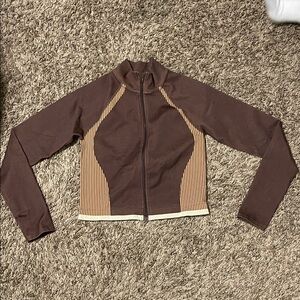 Fabletics Brown Zip-Front Bomber Jacket with Tan Stripe Panels